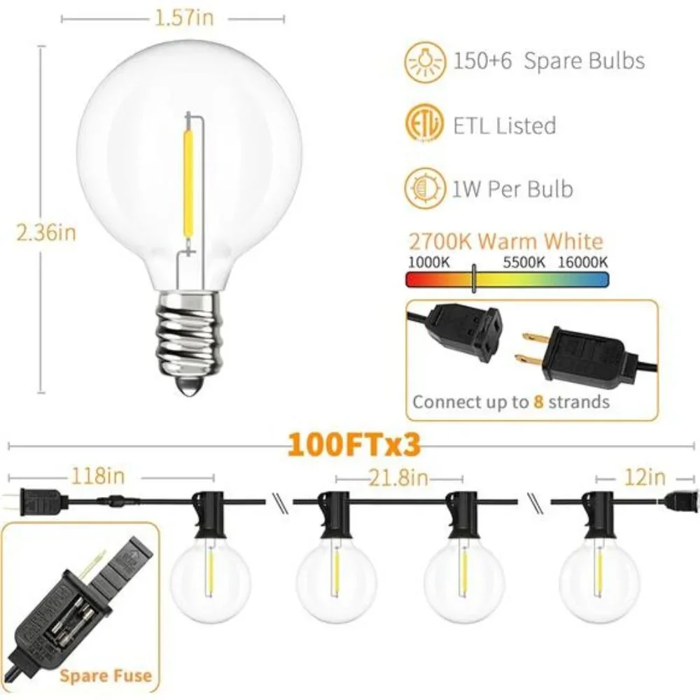 Outdoor String Lights 300 FT, Patio Lights Outside with 156 G40 Shatterproof LED